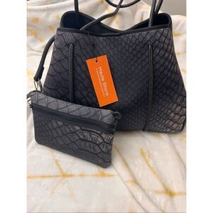 Never Used:  Haute Shore Blk neoprene tote/bag, python print, removable wristlet